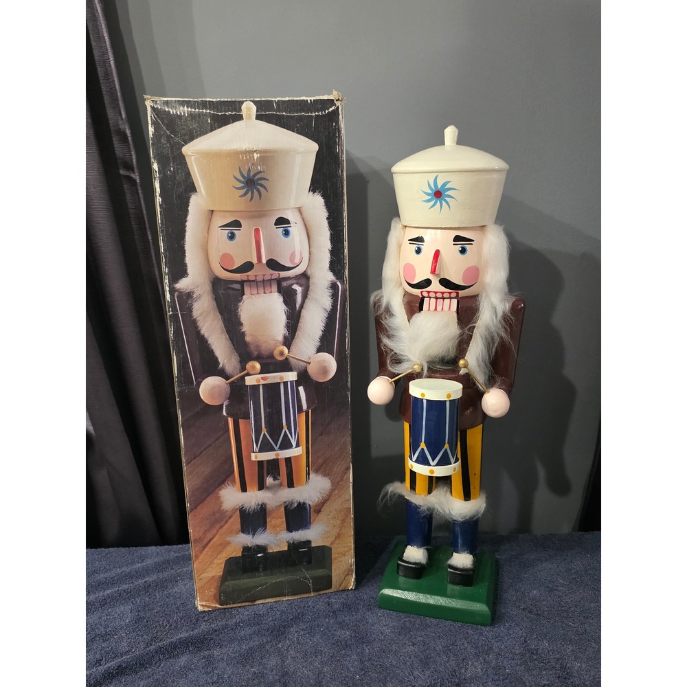 Vintage 20 Inch Hand Painted Wooden Nutcracker Drummer Soldier with Box Holiday